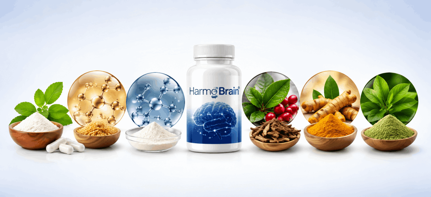 Natural Harmo Brain ingredients including herbs and nutrients.