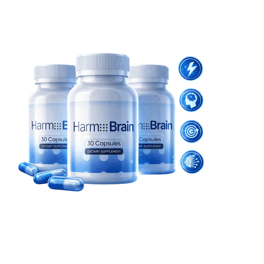 Harmo Brain supplement bottle supporting memory, focus, and mental clarity naturally.