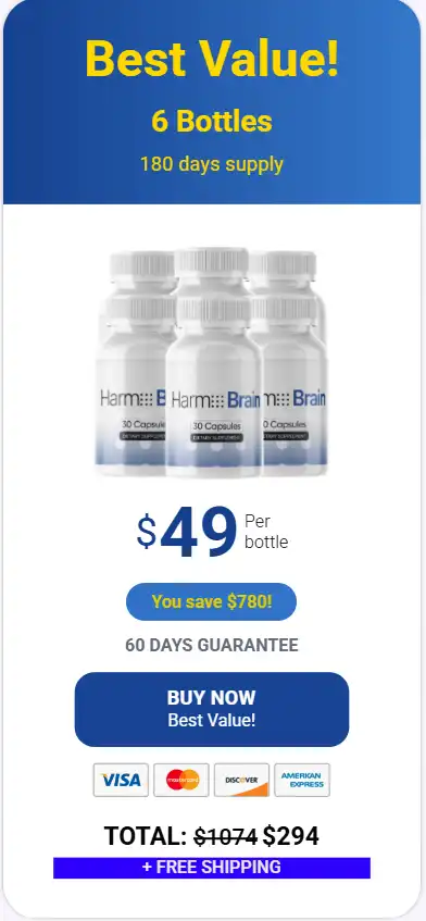 Harmo Brain Best Value Package – 6 Bottles (180-Day Supply) priced at $49 per bottle with a 60-day money-back guarantee.