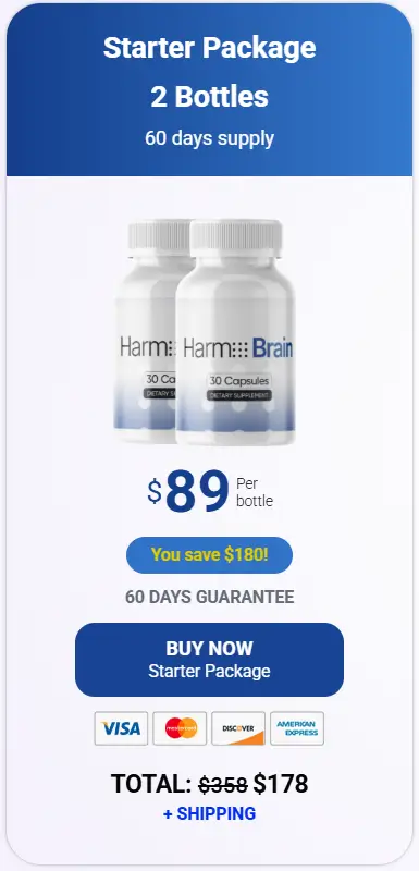 Harmo Brain Starter Package – 2 Bottles (60-Day Supply) priced at $89 per bottle with a 60-day money-back guarantee.