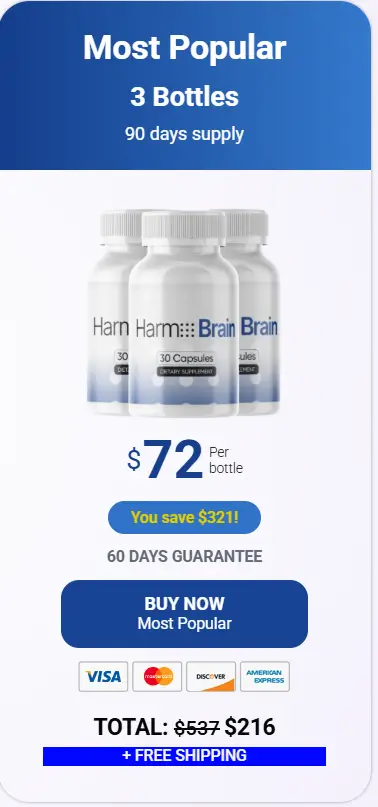 Harmo Brain Most Popular Package – 3 Bottles (90-Day Supply) priced at $72 per bottle with a 60-day money-back guarantee.