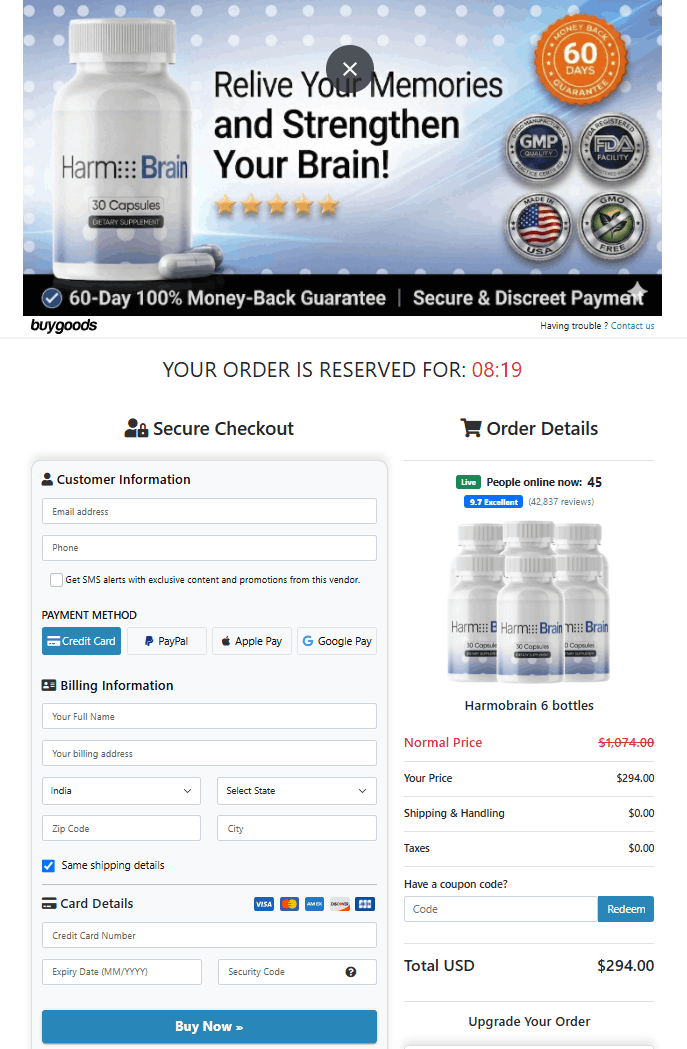 Official Harmo Brain supplement purchase page with secure ordering.